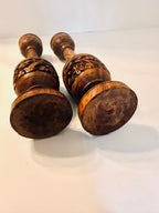Carved Wooden Candlesticks, Pair of Dark Wood Floral Candle Holders, Rustic Country House Decor