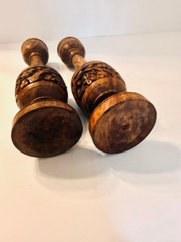 Carved Wooden Candlesticks, Pair of Dark Wood Floral Candle Holders, Rustic Country House Decor