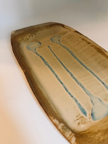 Signed Studio Pottery Platter, 2005 Handmade Ceramic Serving Tray, Earthy Brown and Blue Glaze
