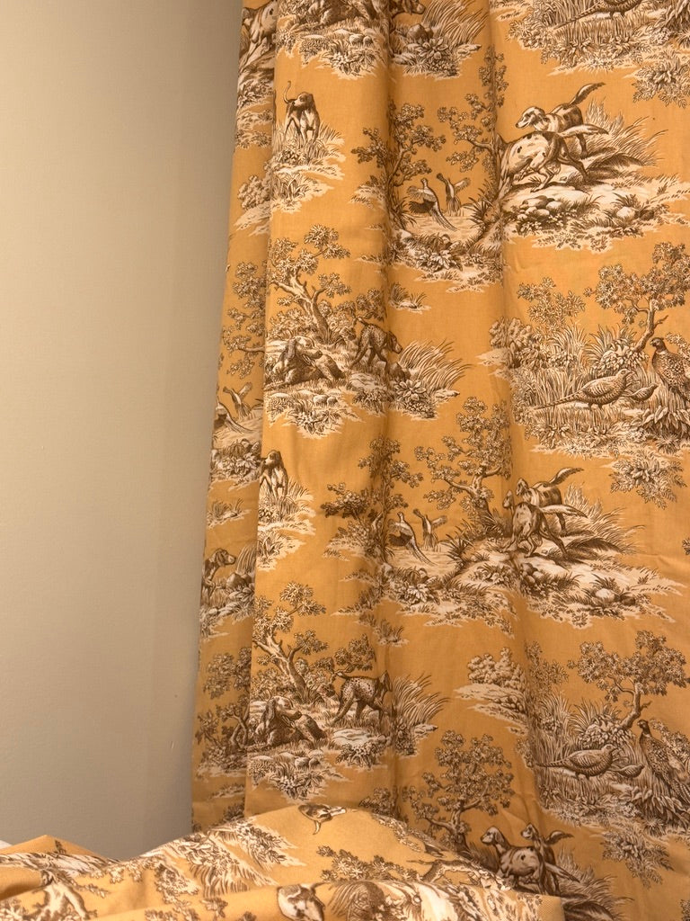 Mustard Yellow Hunting Toile Curtains, Sporting Dogs and Game Birds Drapery Panels, Country House Decor