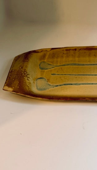 Signed Studio Pottery Platter, 2005 Handmade Ceramic Serving Tray, Earthy Brown and Blue Glaze