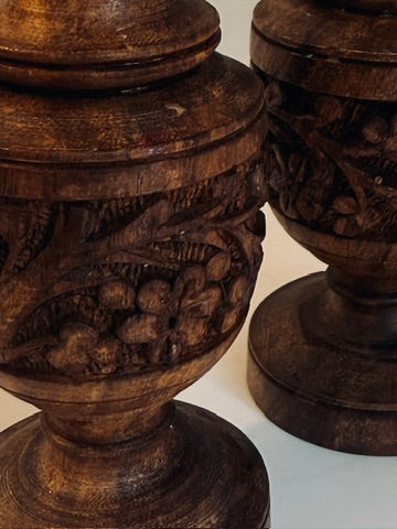 Carved Wooden Candlesticks, Pair of Dark Wood Floral Candle Holders, Rustic Country House Decor