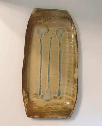 Signed Studio Pottery Platter, 2005 Handmade Ceramic Serving Tray, Earthy Brown and Blue Glaze