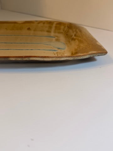Signed Studio Pottery Platter, 2005 Handmade Ceramic Serving Tray, Earthy Brown and Blue Glaze