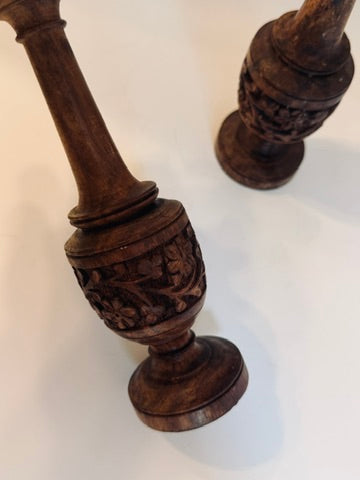 Carved Wooden Candlesticks, Pair of Dark Wood Floral Candle Holders, Rustic Country House Decor
