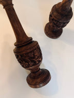 Carved Wooden Candlesticks, Pair of Dark Wood Floral Candle Holders, Rustic Country House Decor