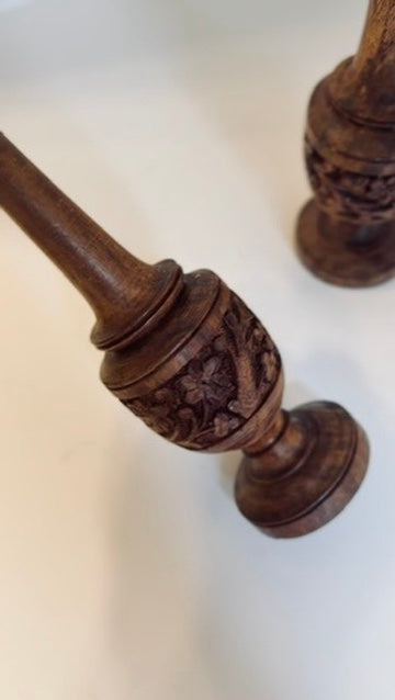 Carved Wooden Candlesticks, Pair of Dark Wood Floral Candle Holders, Rustic Country House Decor