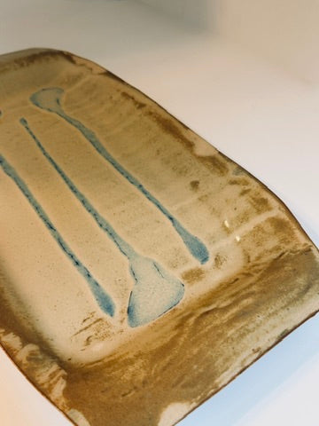 Signed Studio Pottery Platter, 2005 Handmade Ceramic Serving Tray, Earthy Brown and Blue Glaze