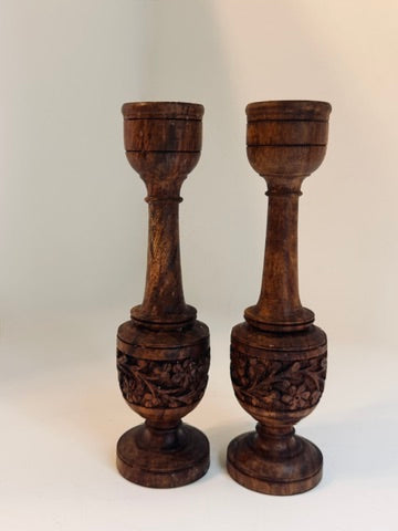 Carved Wooden Candlesticks, Pair of Dark Wood Floral Candle Holders, Rustic Country House Decor