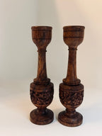 Carved Wooden Candlesticks, Pair of Dark Wood Floral Candle Holders, Rustic Country House Decor