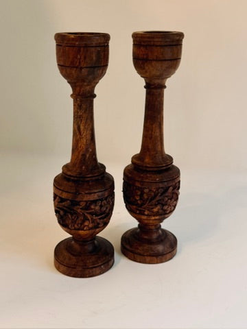 Carved Wooden Candlesticks, Pair of Dark Wood Floral Candle Holders, Rustic Country House Decor