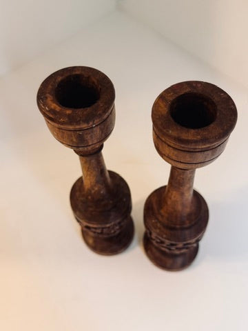 Carved Wooden Candlesticks, Pair of Dark Wood Floral Candle Holders, Rustic Country House Decor