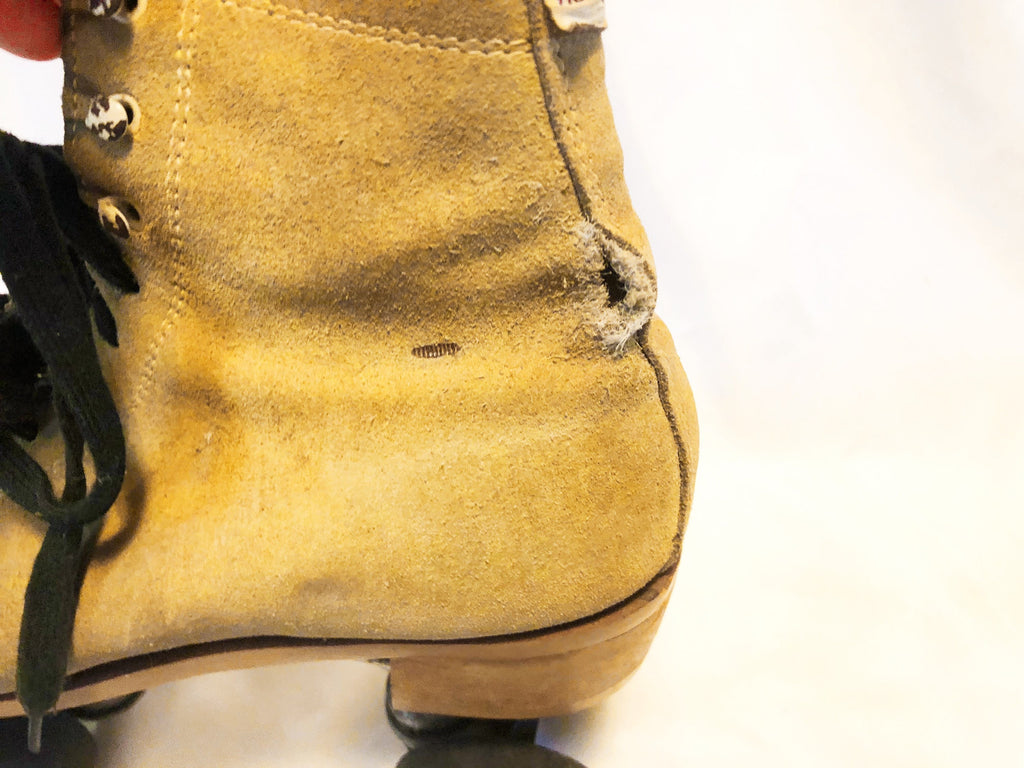 Vintage Norele Suede Roller Skates with Blue Wheels, Retro Roller Skating Decor