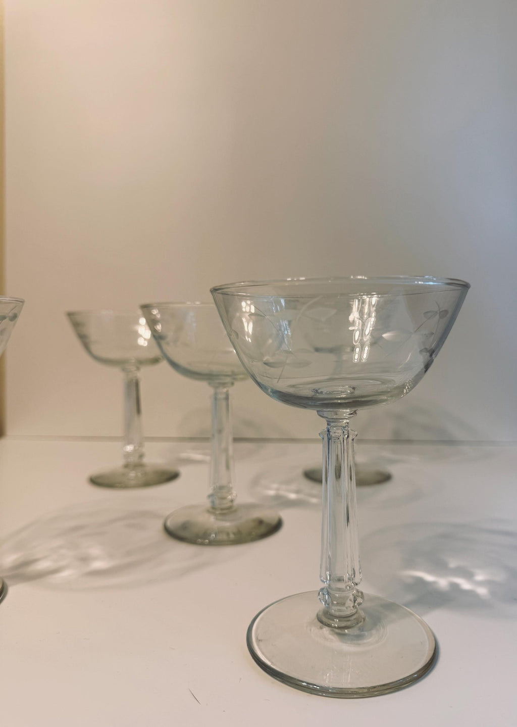 Vintage Etched Coupe Glasses, Set of 5 Champagne & Cocktail Coupes, Floral Stemware