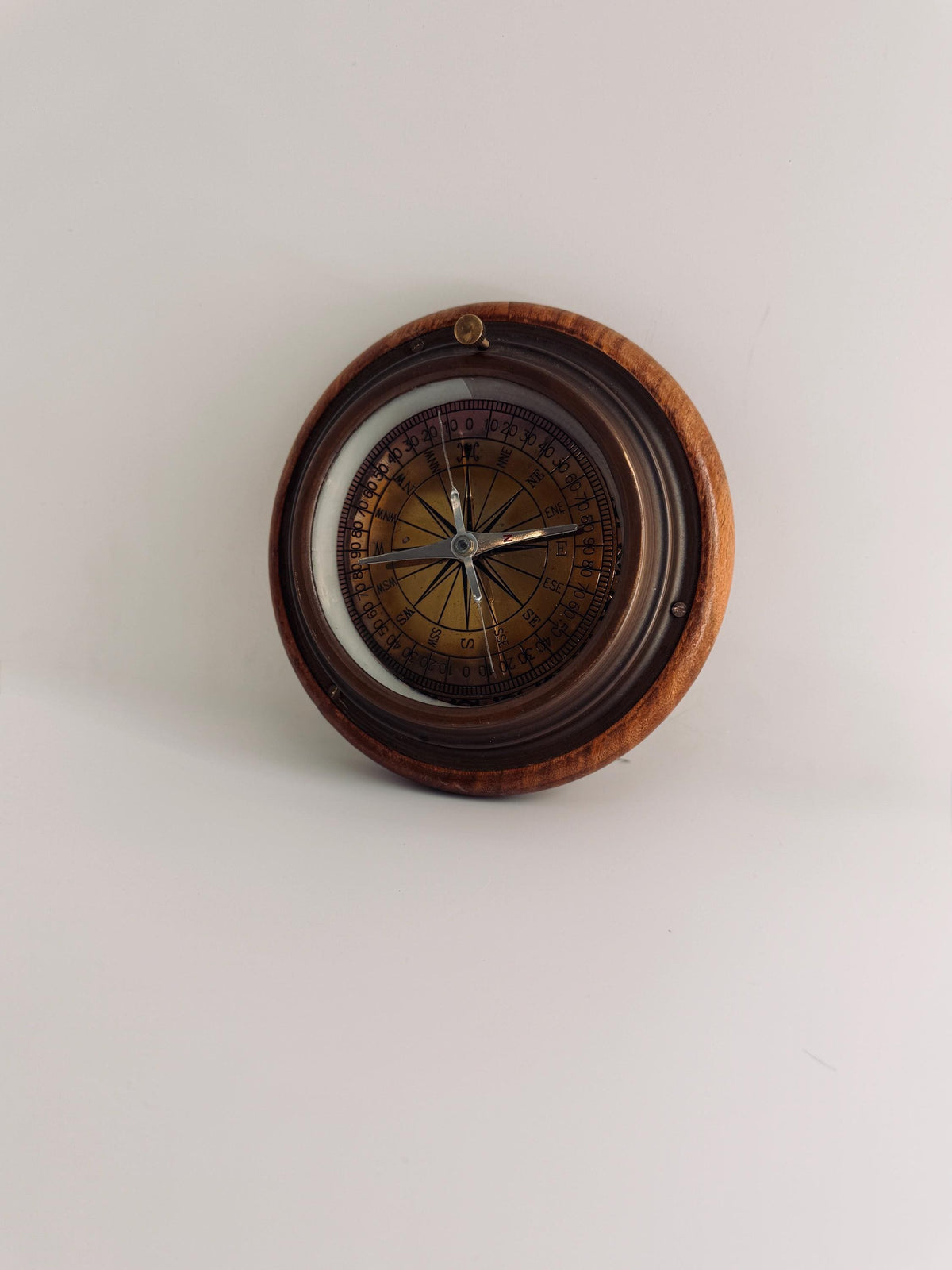 Vintage Wooden Ship Compass with Brass Inset