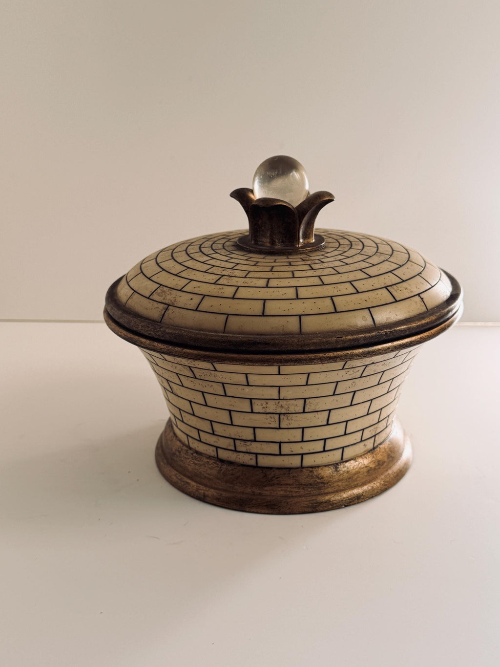 Vintage Round Bone Inlay Box, Geometric Lidded Decorative Box with Brass Tone Trim