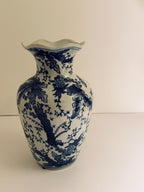 Vintage Blue & White Chinoiserie Porcelain Vase, Botanical Monkey Motif Vase
