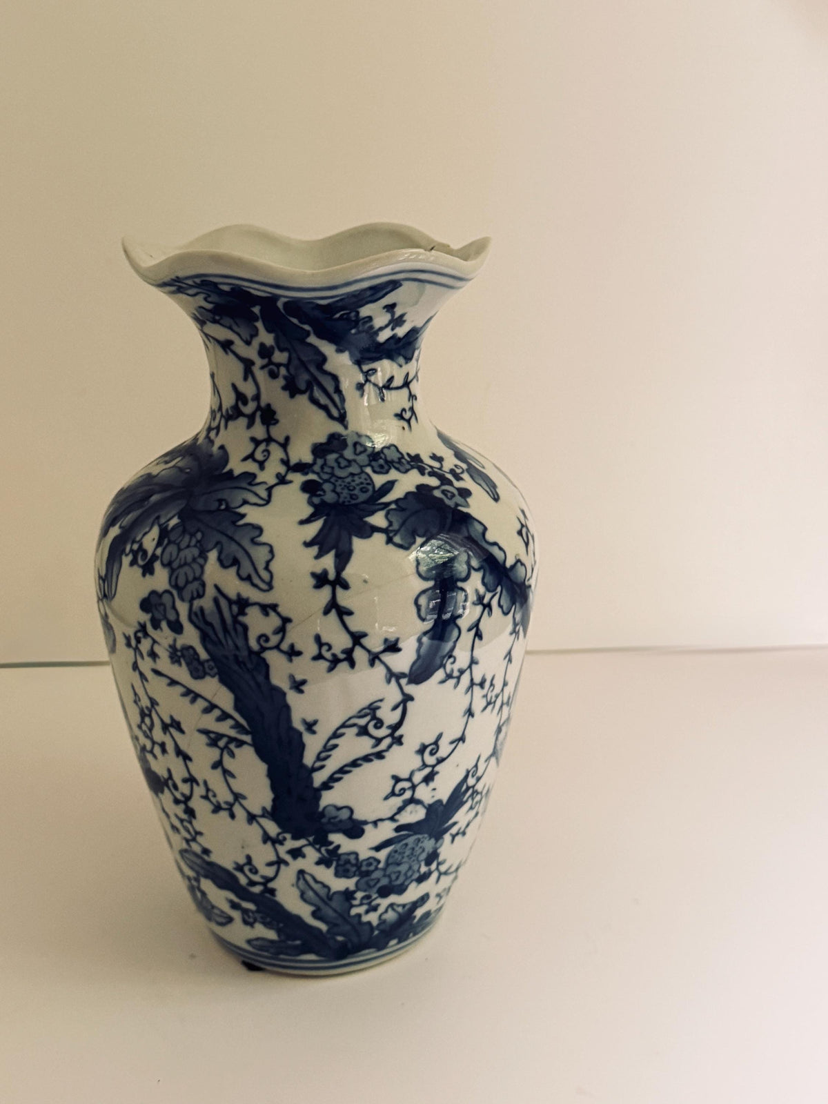 Vintage Blue & White Chinoiserie Porcelain Vase, Botanical Monkey Motif Vase
