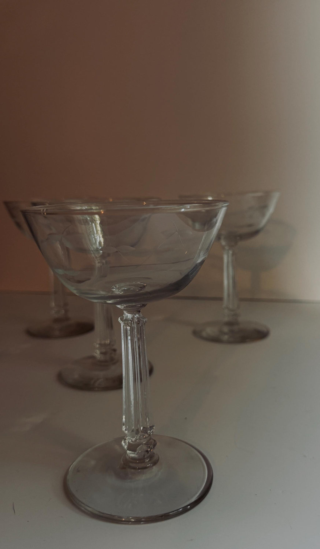 Vintage Etched Coupe Glasses, Set of 5 Champagne & Cocktail Coupes, Floral Stemware