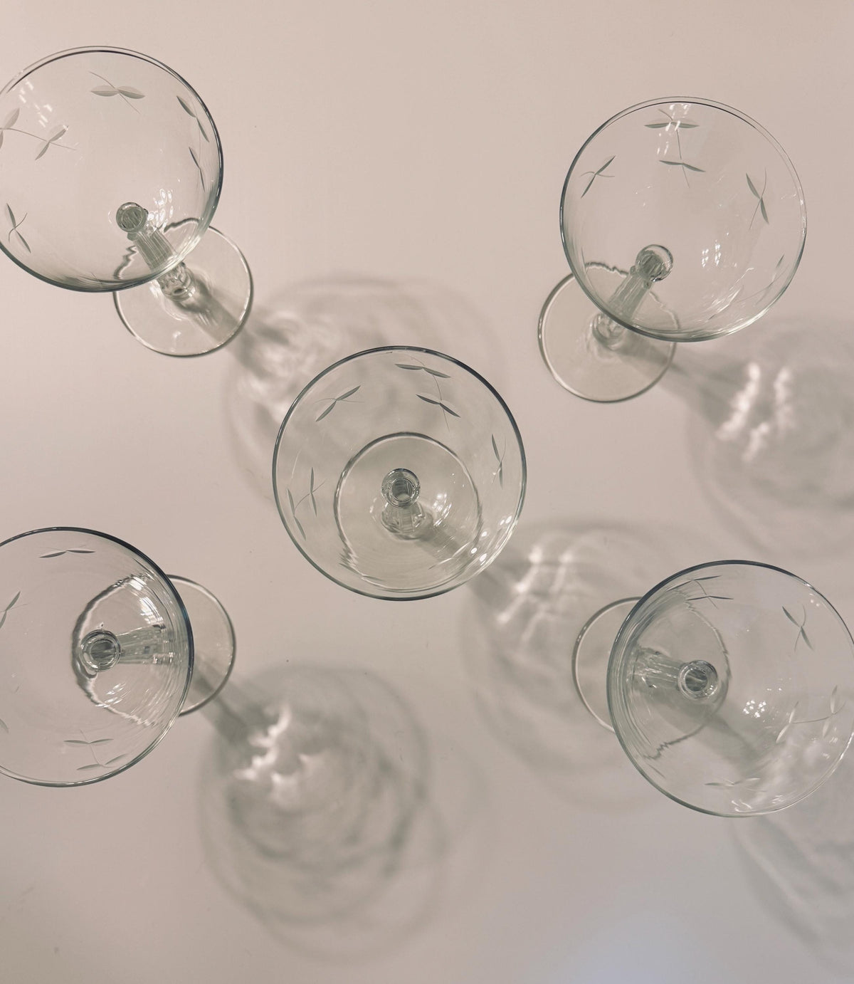 Vintage Etched Coupe Glasses, Set of 5 Champagne & Cocktail Coupes, Floral Stemware
