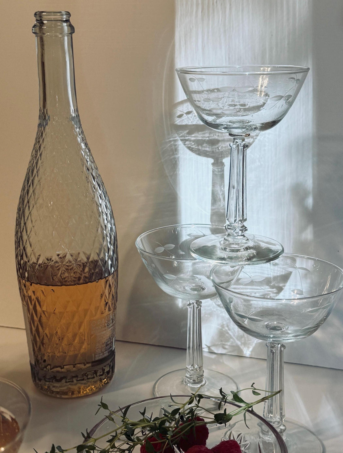 Vintage Etched Coupe Glasses, Set of 5 Champagne & Cocktail Coupes, Floral Stemware