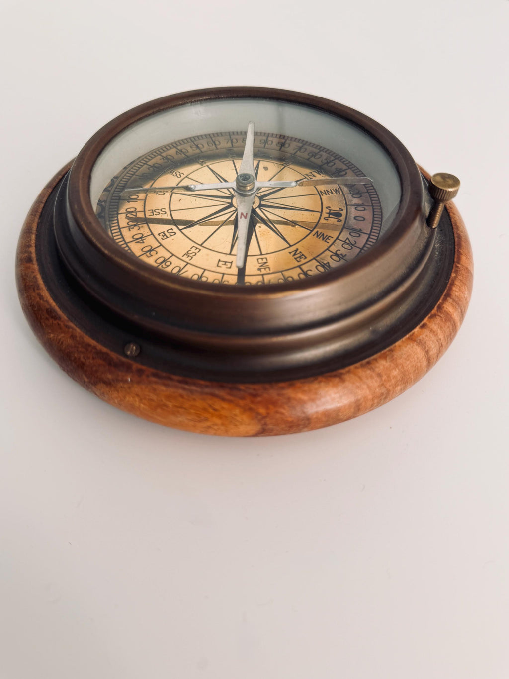 Vintage Wooden Ship Compass with Brass Inset
