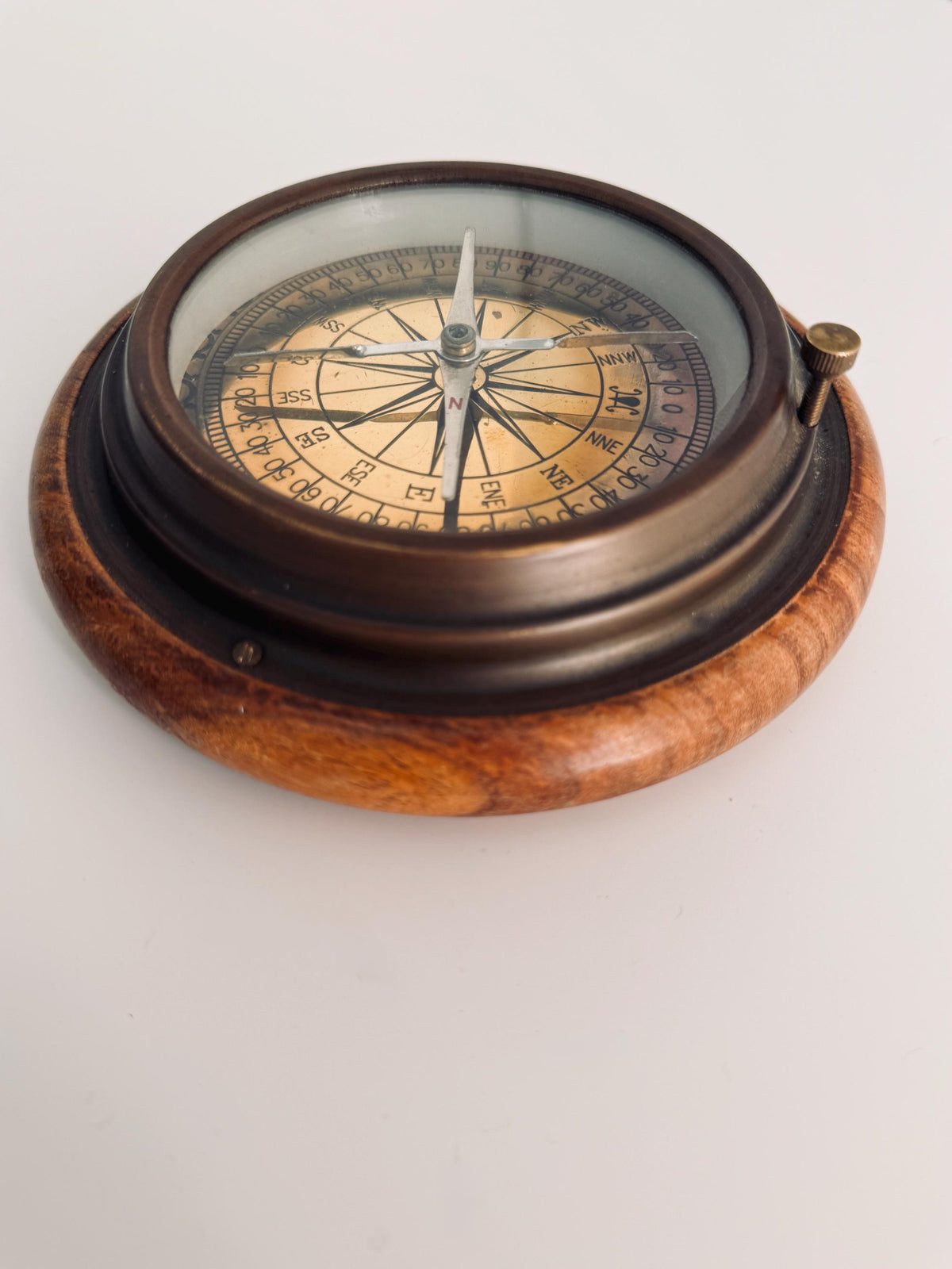 Vintage Wooden Ship Compass with Brass Inset