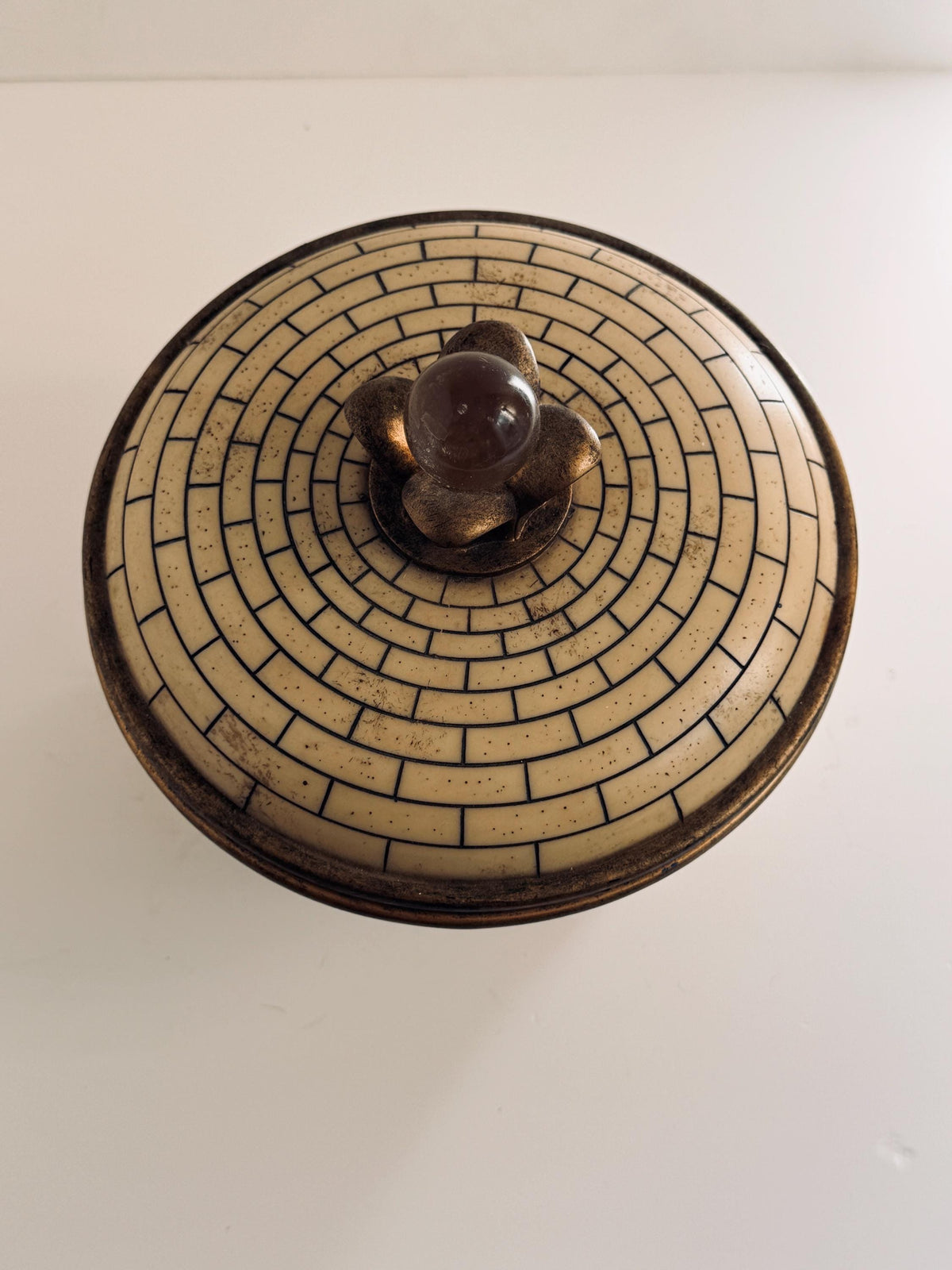 Vintage Round Bone Inlay Box, Geometric Lidded Decorative Box with Brass Tone Trim