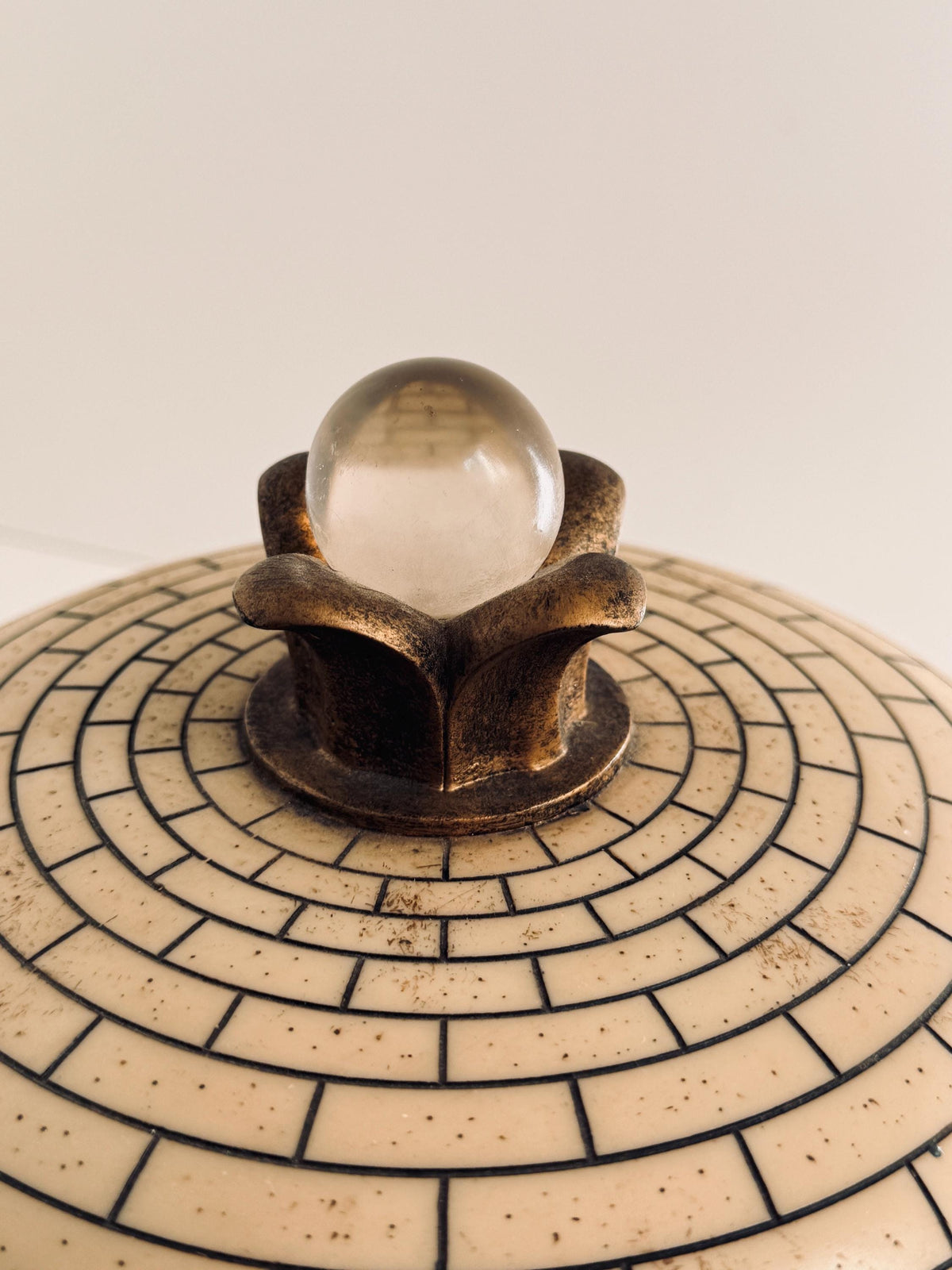 Vintage Round Bone Inlay Box, Geometric Lidded Decorative Box with Brass Tone Trim
