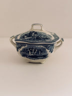 Vintage Johnson Brothers Blue & White Lidded Sugar Bowl, English China Covered Dish