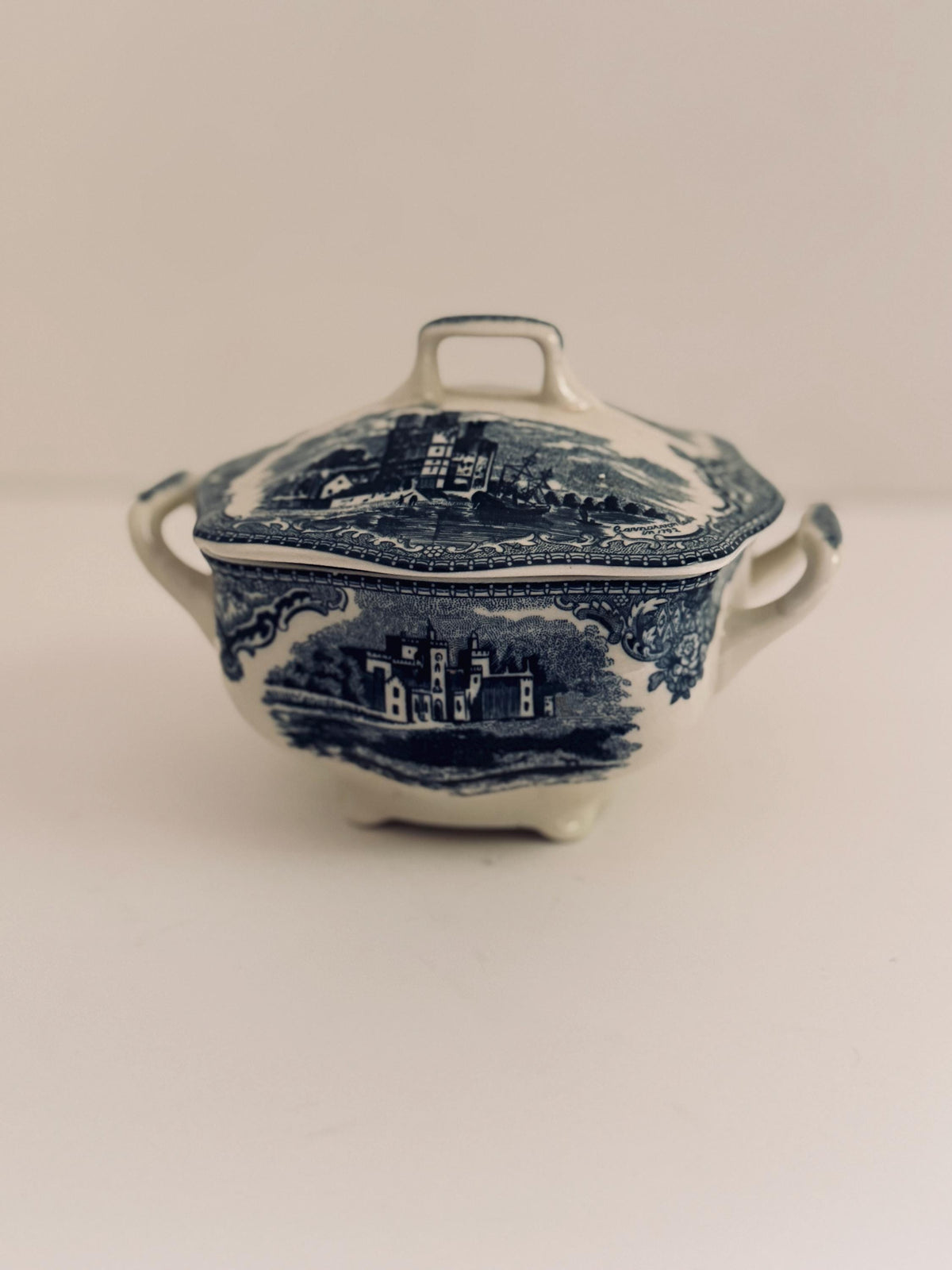 Vintage Johnson Brothers Blue & White Lidded Sugar Bowl, English China Covered Dish