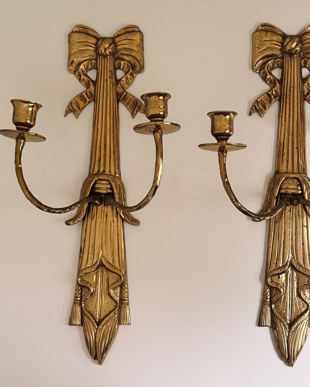 Vintage Brass Bow Double Candle Sconce, Ribbon Wall Candle Holder, Hollywood Regency Decor