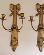 Vintage Brass Bow Double Candle Sconce, Ribbon Wall Candle Holder, Hollywood Regency Decor