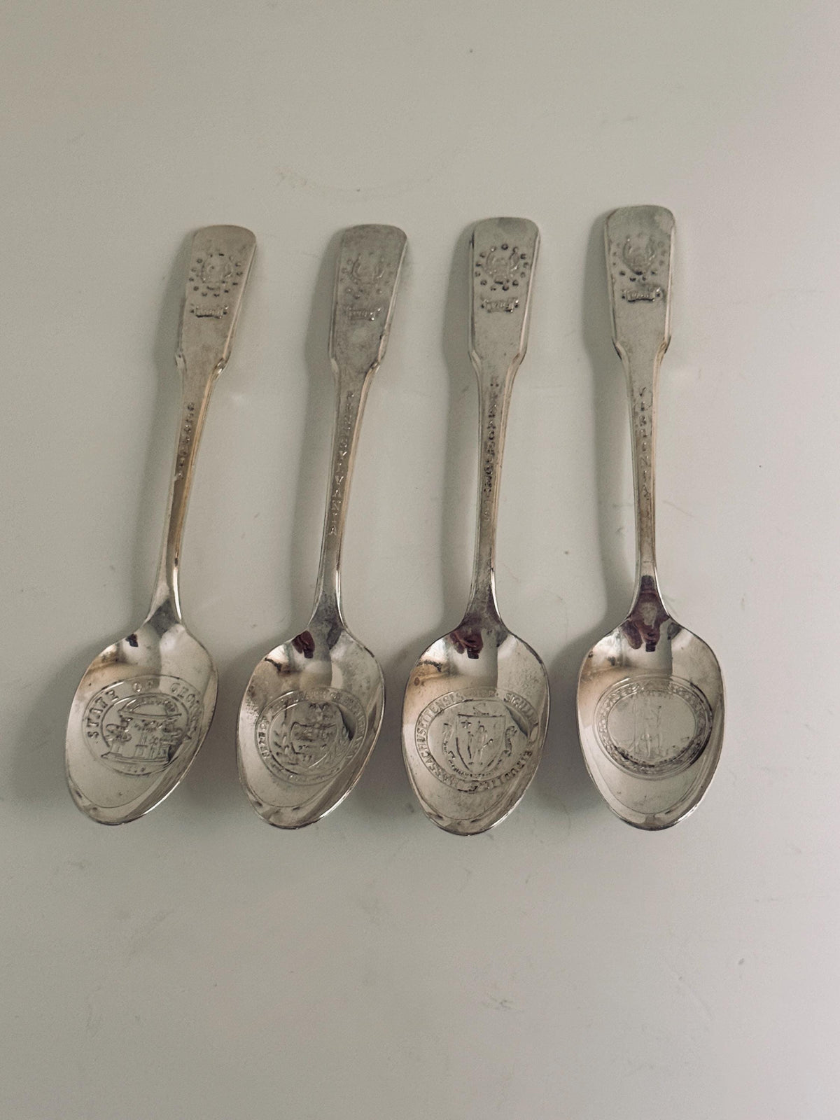 Vintage 13 Colonies Souvenir Spoon Set, Embossed State Seals, Collectible Silverware