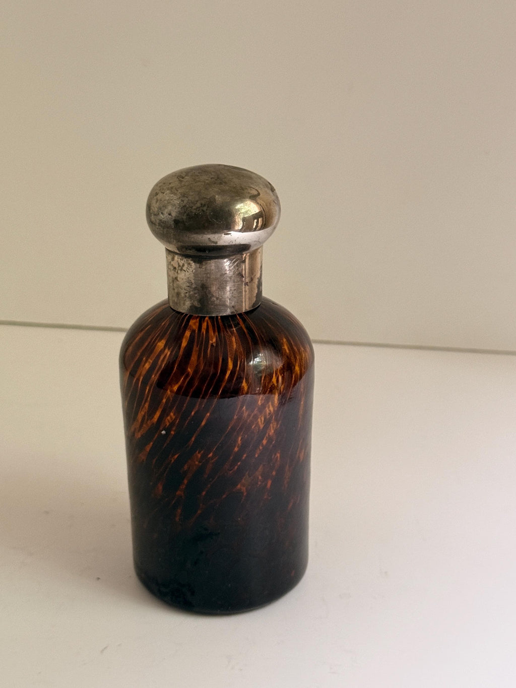 Vintage Amber Glass Decanter with Silver-Tone Stopper, Small Barware Bottle