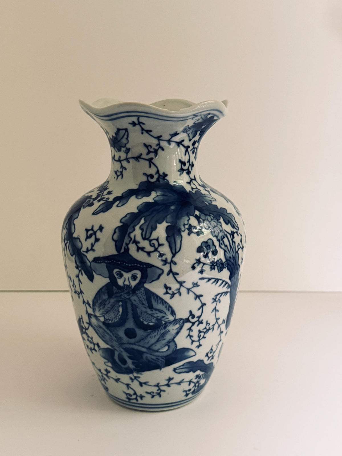 Vintage Blue & White Chinoiserie Porcelain Vase, Botanical Monkey Motif Vase
