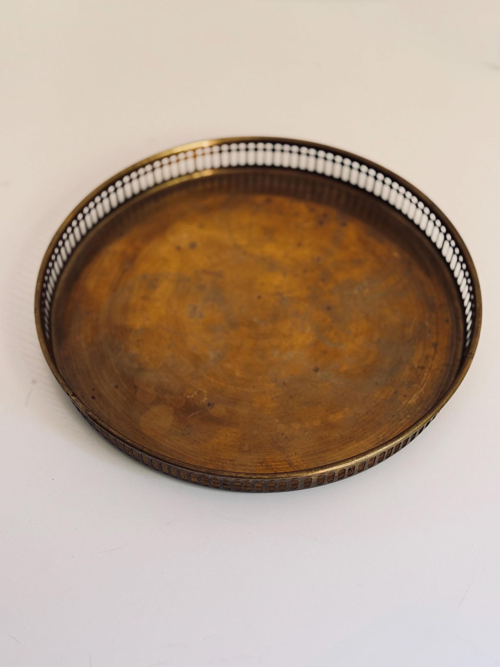 Vintage Brass Gallery Tray, Pierced Rim, Aged Patina (9.5" Diameter)