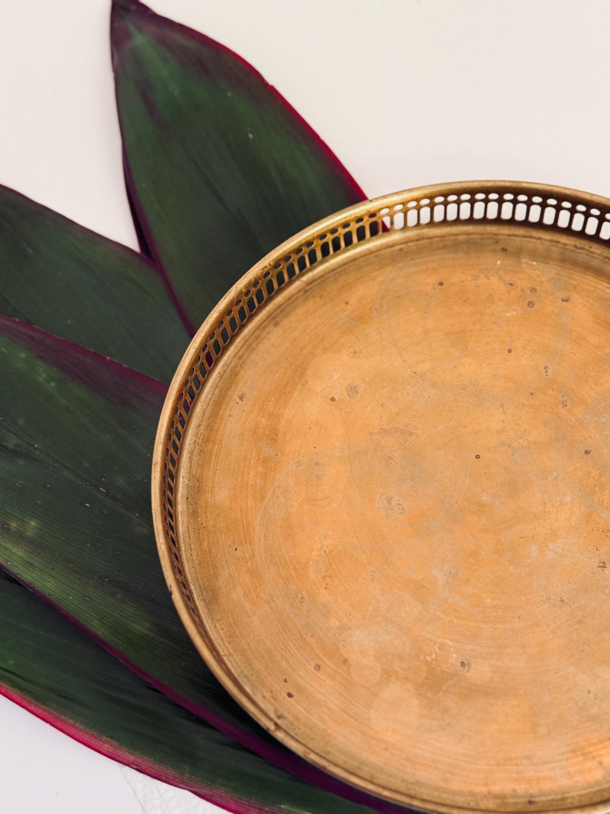 Vintage Brass Gallery Tray, Pierced Rim, Aged Patina (9.5" Diameter)