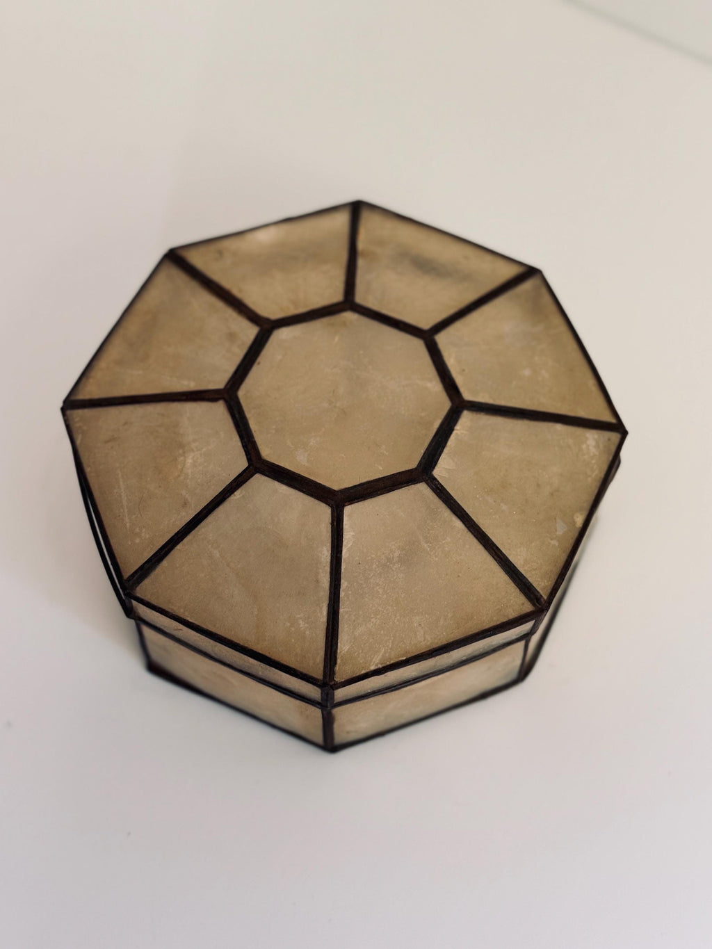 Vintage Capiz Shell Octagonal Box, Brass Frame, Geometric Jewelry Trinket Box