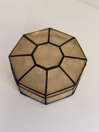 Vintage Capiz Shell Octagonal Box, Brass Frame, Geometric Jewelry Trinket Box
