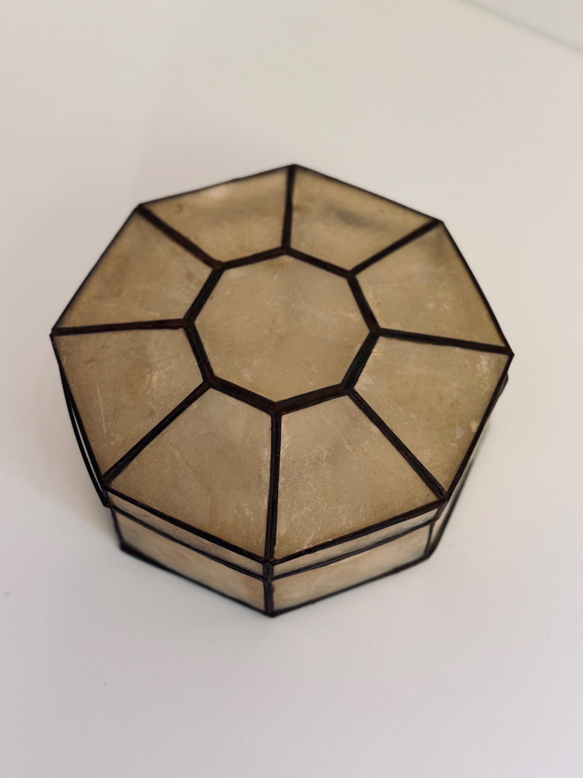 Vintage Capiz Shell Octagonal Box, Brass Frame, Geometric Jewelry Trinket Box