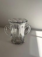 Vintage Clear Glass Loving Cup Vase, Double Handle, Scalloped Rim, Sunburst Base