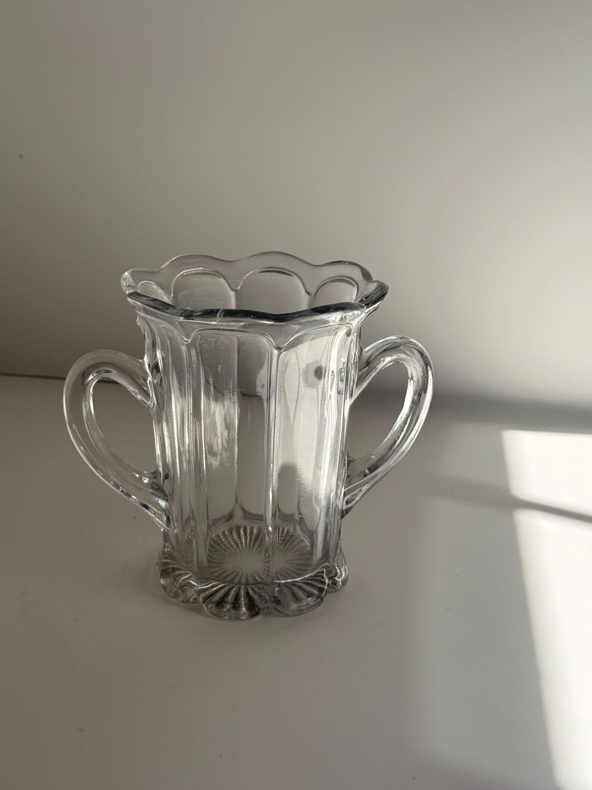 Vintage Clear Glass Loving Cup Vase, Double Handle, Scalloped Rim, Sunburst Base