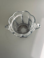 Vintage Clear Glass Loving Cup Vase, Double Handle, Scalloped Rim, Sunburst Base