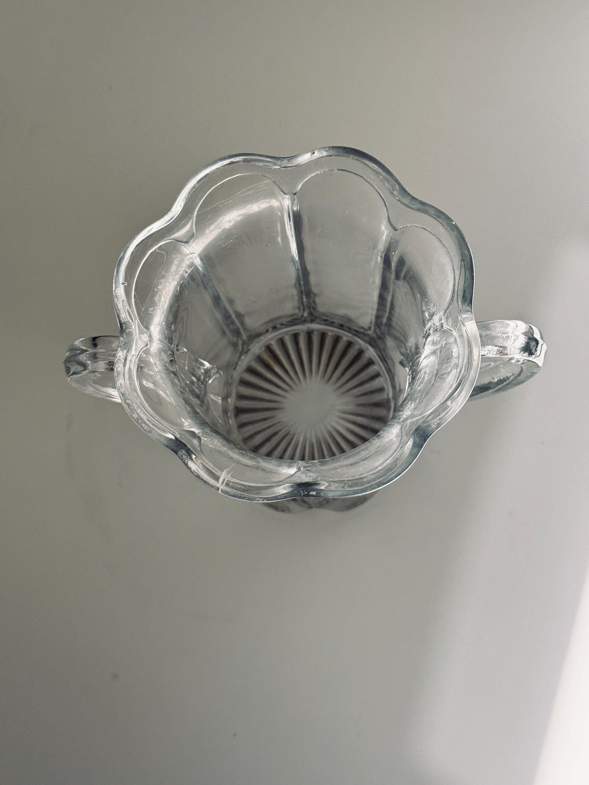 Vintage Clear Glass Loving Cup Vase, Double Handle, Scalloped Rim, Sunburst Base