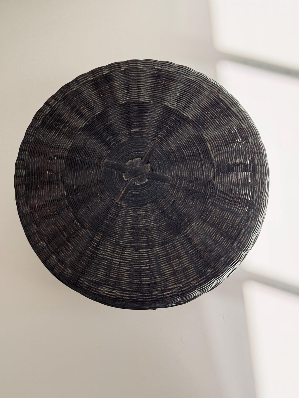 Dark Woven Round Lidded Basket, Bohemian Home Decor, Vintage Sewing Storage