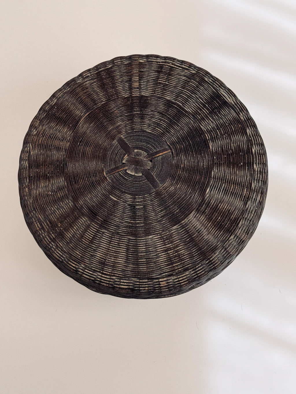 Dark Woven Round Lidded Basket, Bohemian Home Decor, Vintage Sewing Storage
