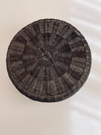 Dark Woven Round Lidded Basket, Bohemian Home Decor, Vintage Sewing Storage