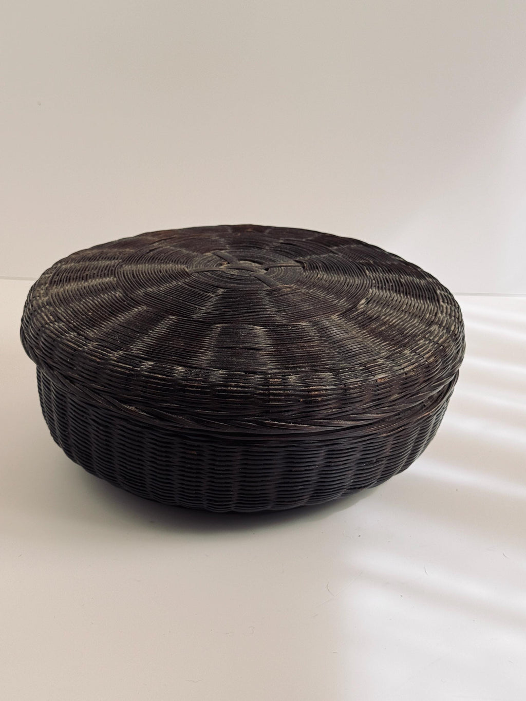Dark Woven Round Lidded Basket, Bohemian Home Decor, Vintage Sewing Storage