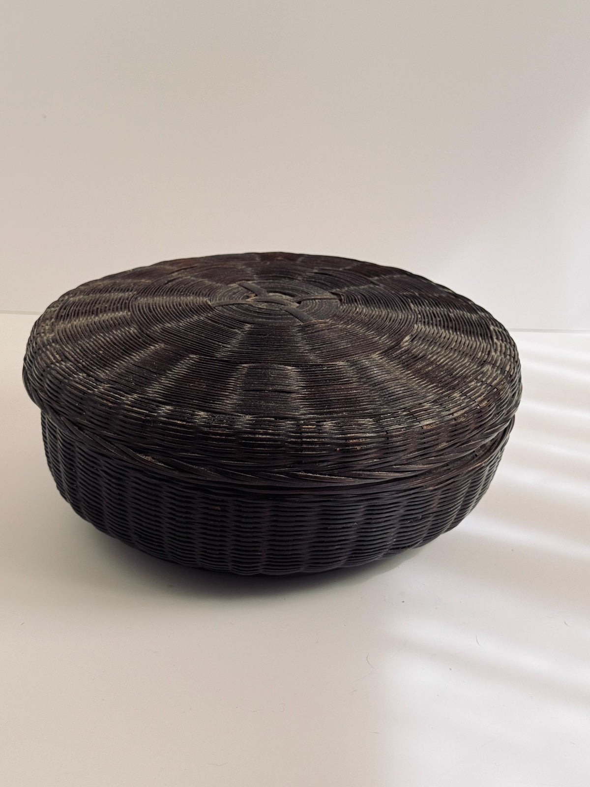 Dark Woven Round Lidded Basket, Bohemian Home Decor, Vintage Sewing Storage